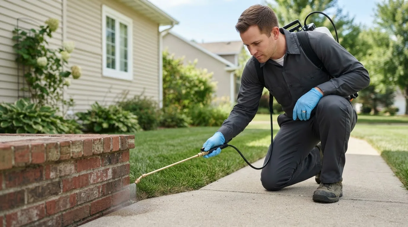 Pest control technician treating a home near Raymore, MO