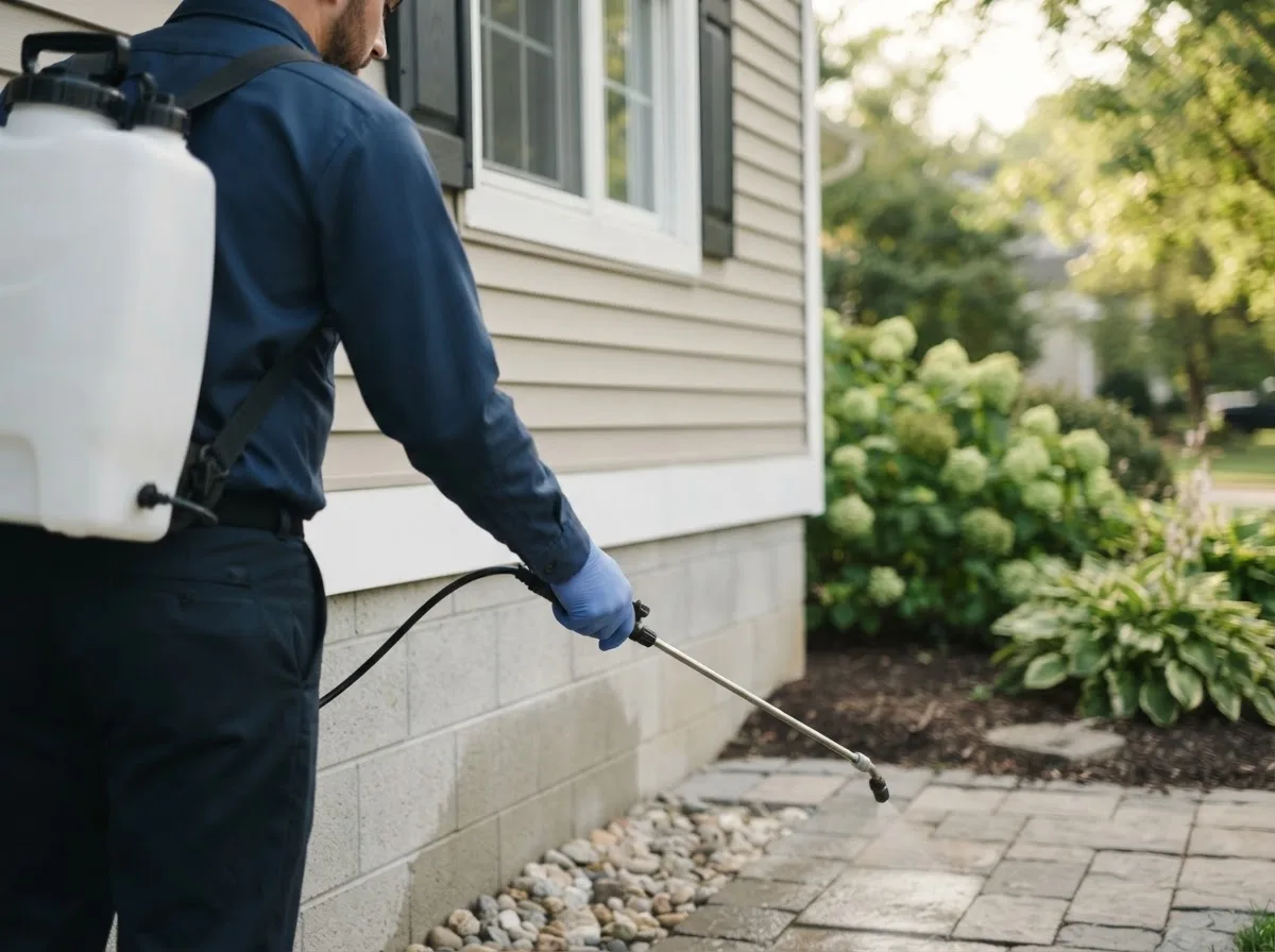 Pest control technician inspecting a home in Raymore, MO